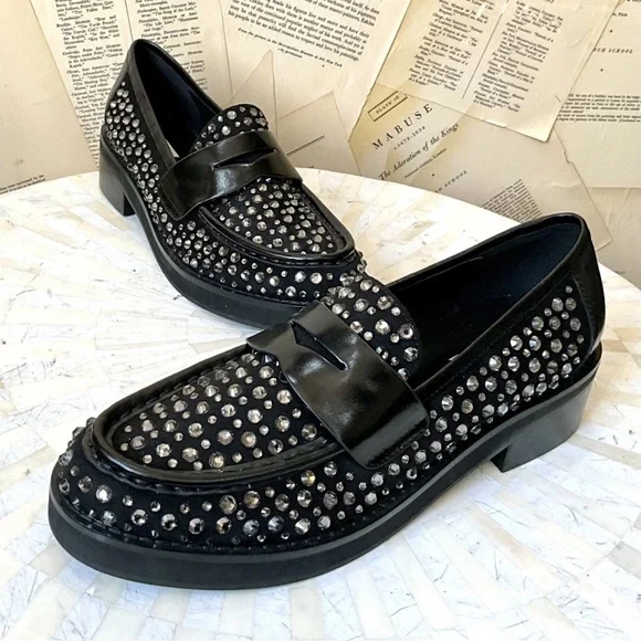 Anthropologie Bibi Lou Jaya Gem Loafers Black Leather Jewels - Picture 11 of 12